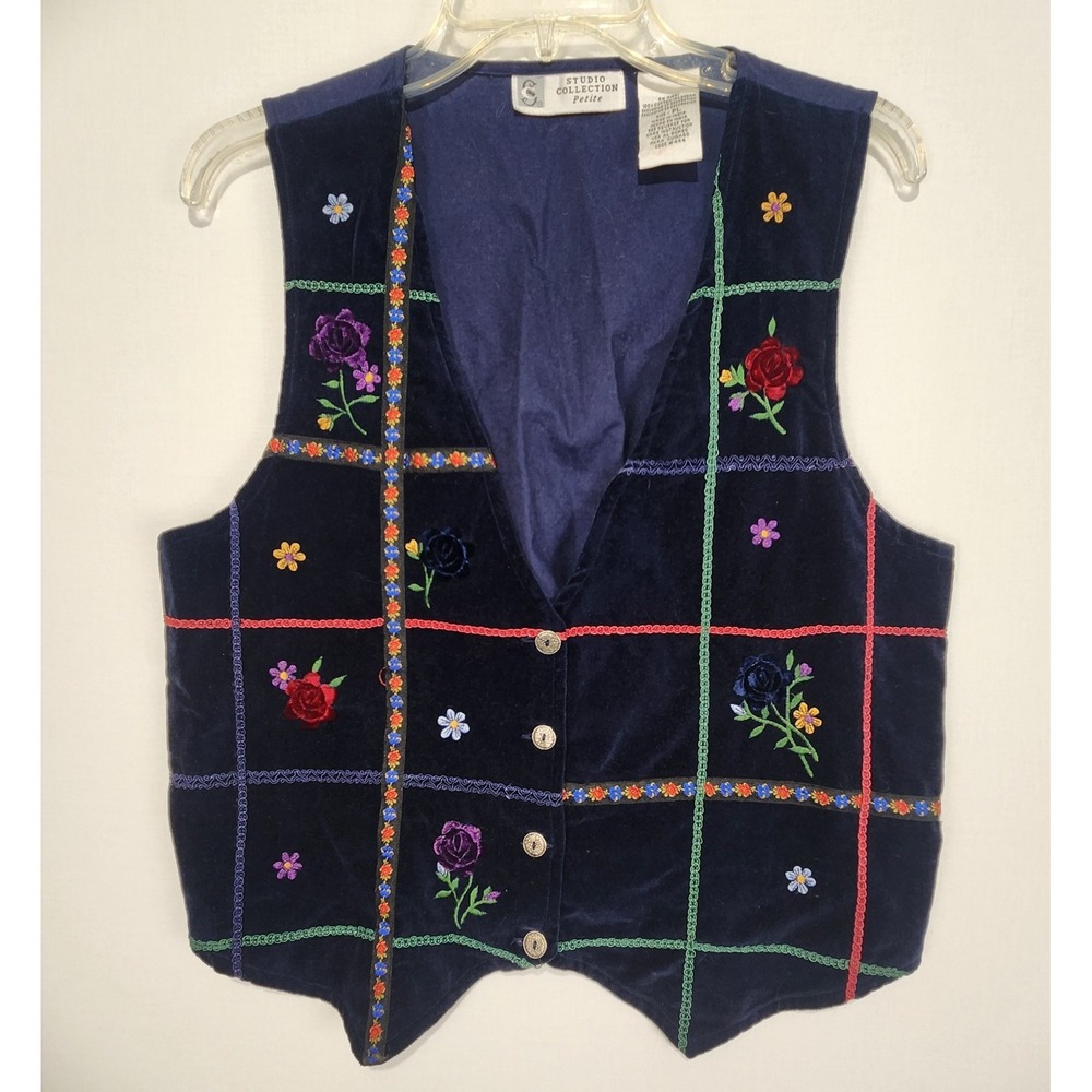 Studio Collection Women's Vintage Velvet Navy Blue Floral Vest Size PL